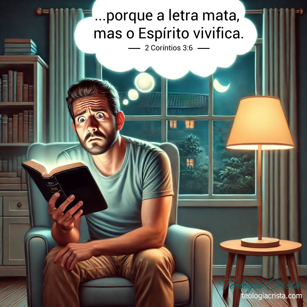 Homem com medo de ler a Bíblia, pensando na frase "a letra mata, mas o Espírito vivifica" de 2 Coríntios 3:6.