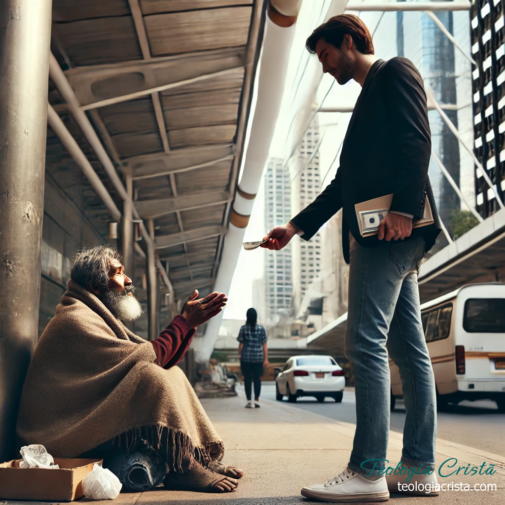 Cristão praticando caridade ao dar esmola para um morador de rua sentado na calçada, refletindo o compromisso de ajudar o próximo e questionando: a caridade nos leva ao céu?